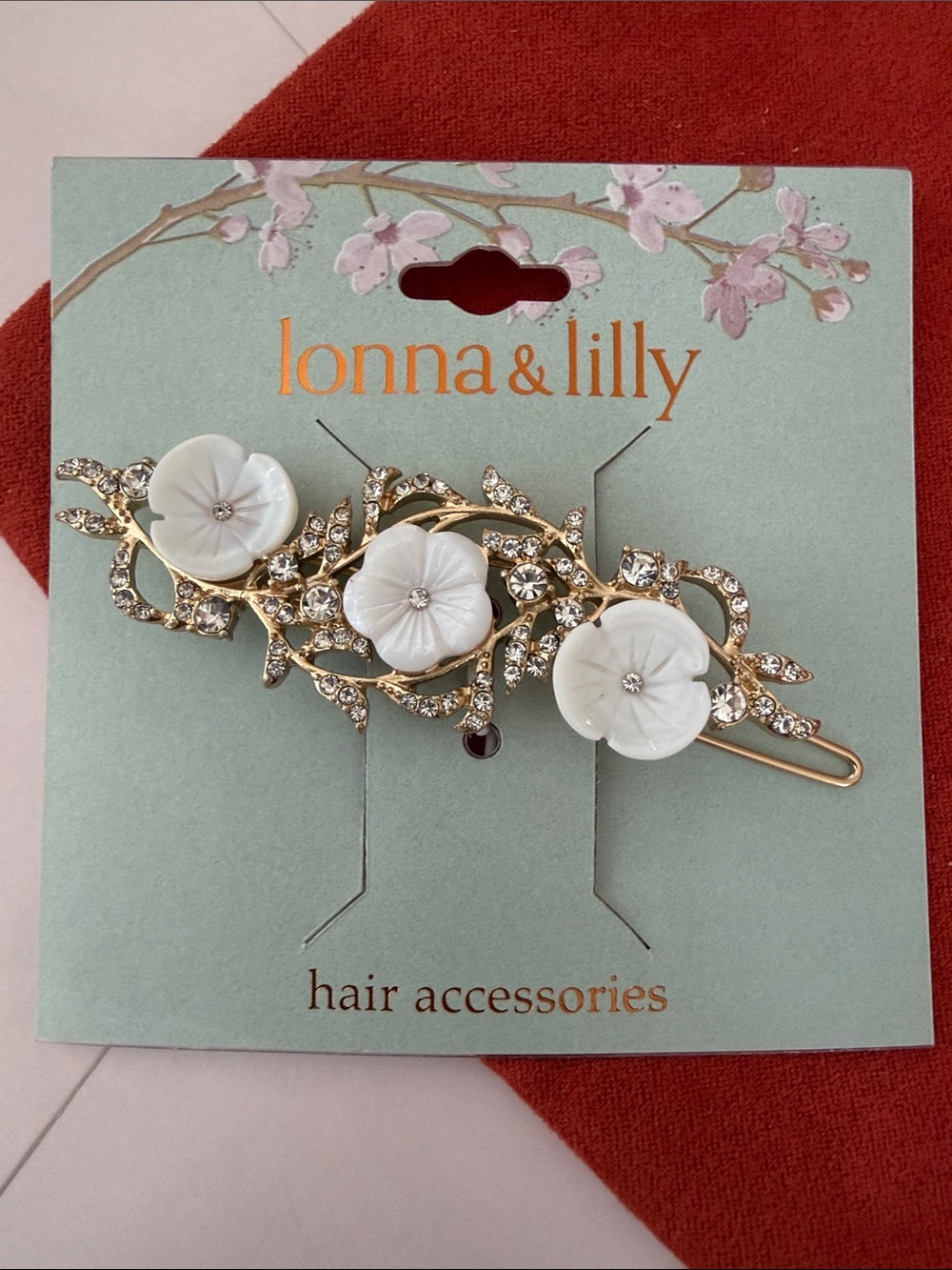 lonna & lilly White Floral Rhinestone Hair Barrette in Gold Tone